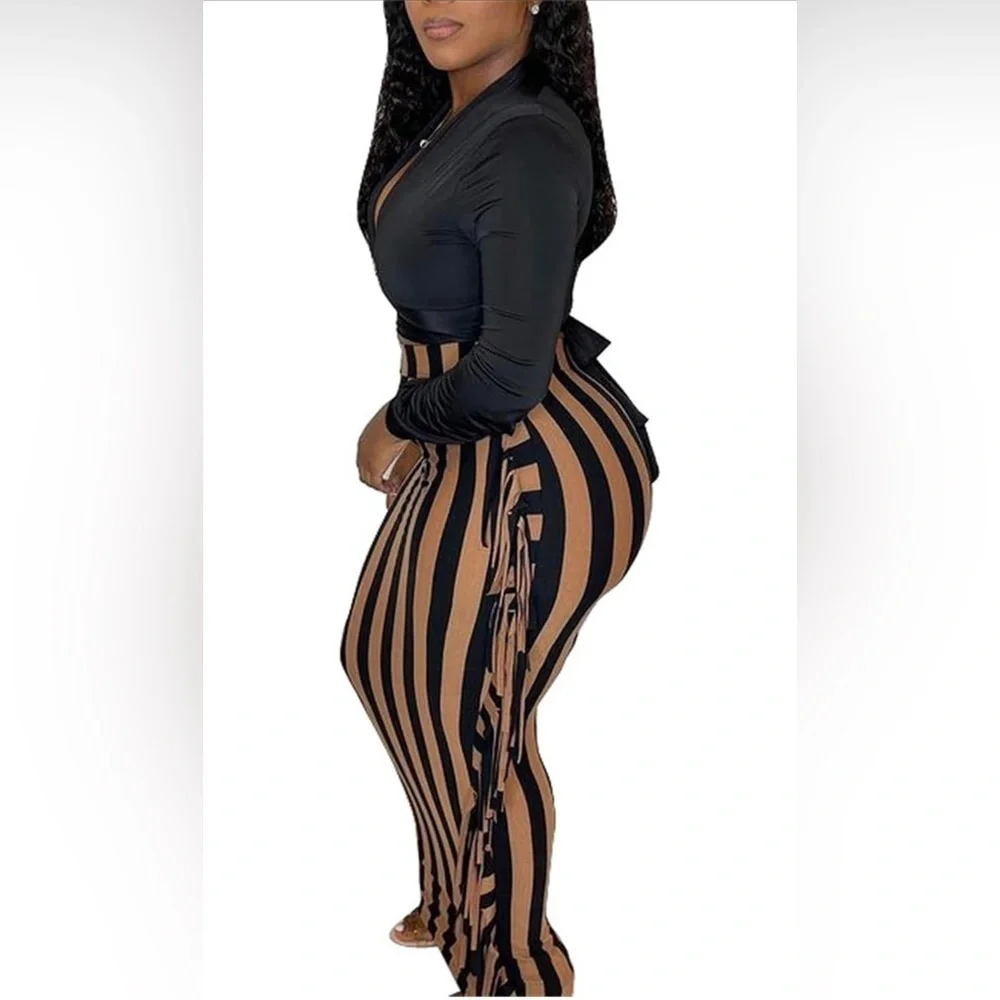 Fringe Maxi Pencil High Waist Bodycon Striped Tassel Skirt Black Brown, Small